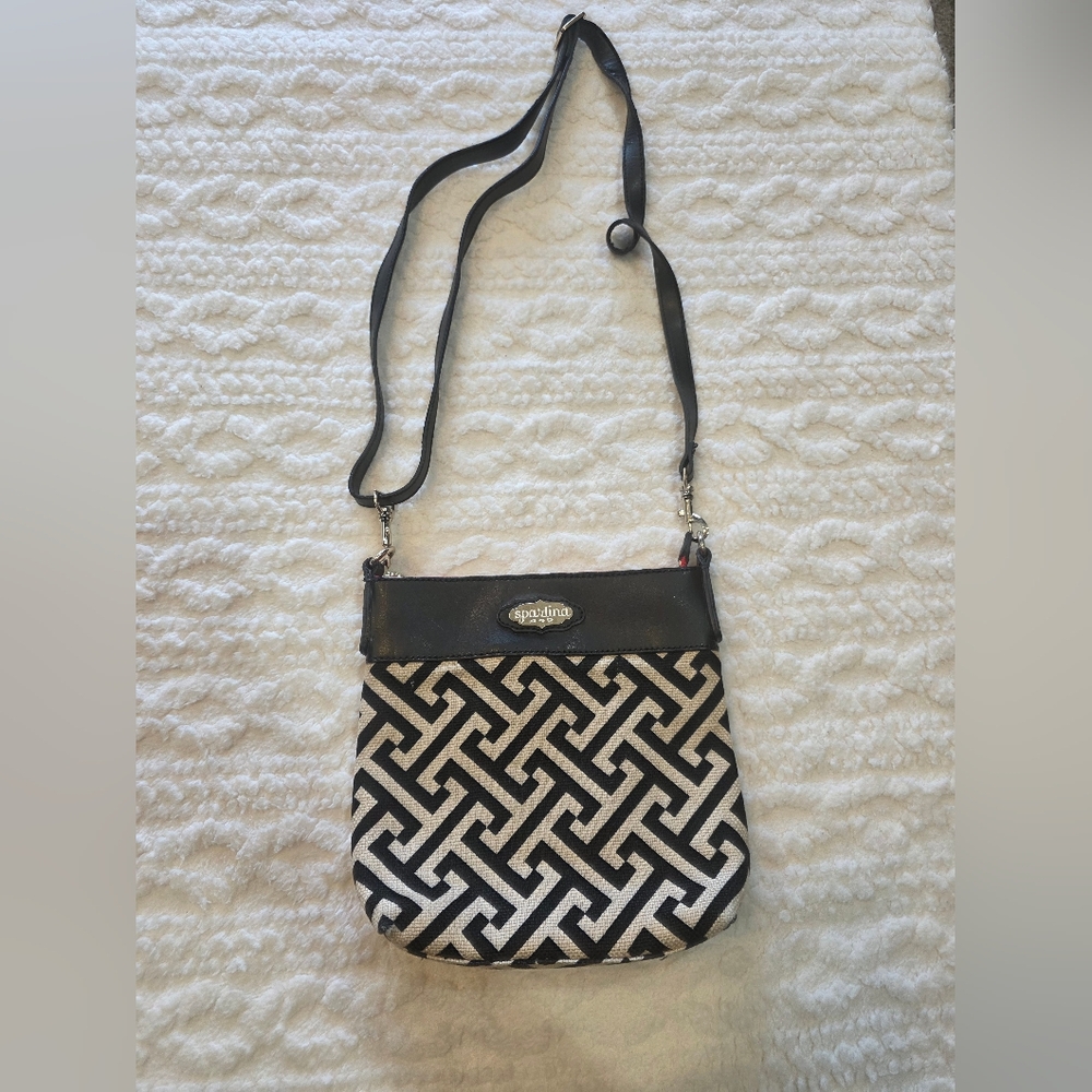 Spartina 449 Black Cream Geometric Crossbody Bag Red Lining
